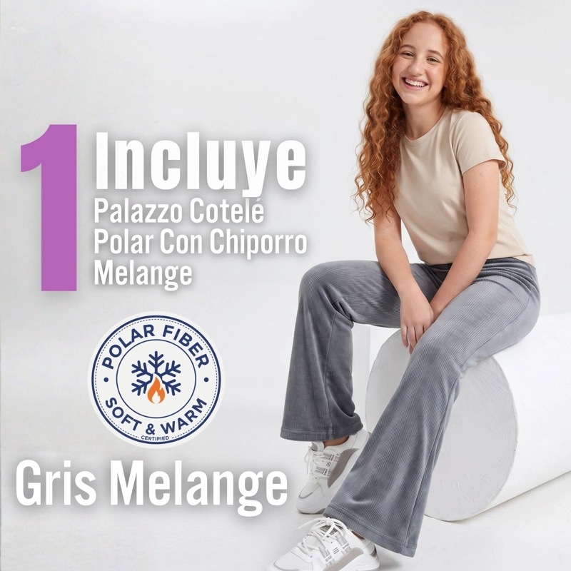PANTALON PALAZZO POLAR CON CHIPORRO NIÑA JUVENIL ELASTICADA TERMICA MELANGE - 2