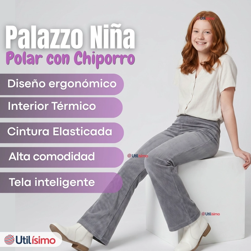 PANTALON PALAZZO POLAR CON CHIPORRO NIÑA JUVENIL ELASTICADA TERMICA MELANGE - 3