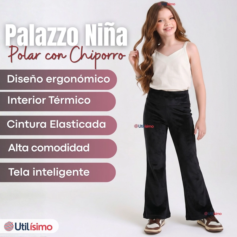 PANTALON PALAZZO POLAR CON CHIPORRO NIÑA ELASTICADA TERMICA NEGRA - 3