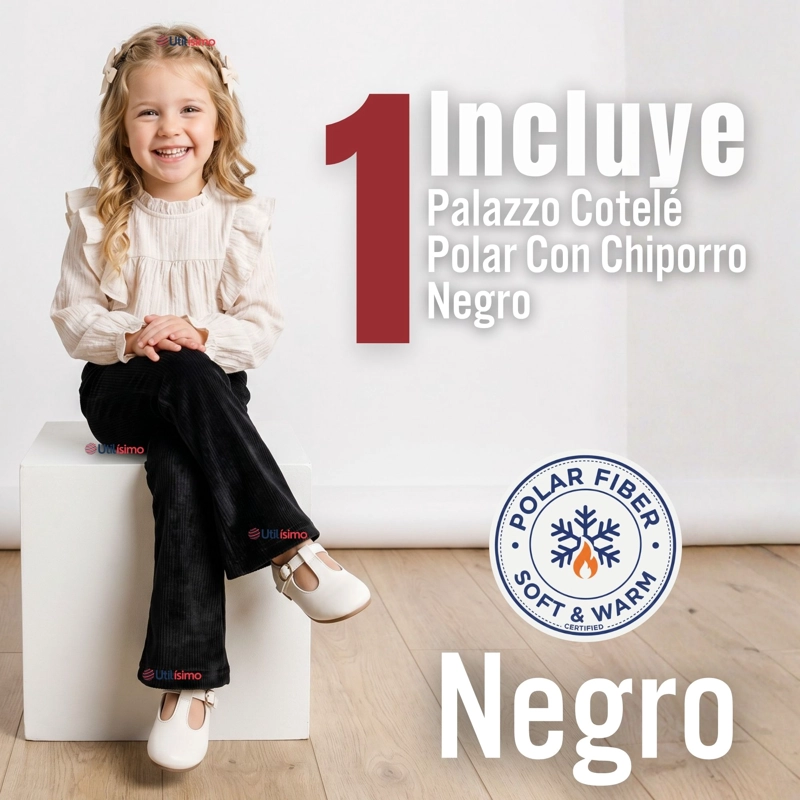 PANTALON PALAZZO POLAR CON CHIPORRO NIÑA ELASTICADA TERMICA NEGRA - 2