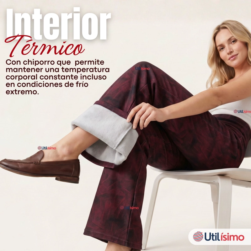 Pantalón Polar Con Chiporro Palazzo Mujer Calza Elasticada Térmica Burdeo - 5