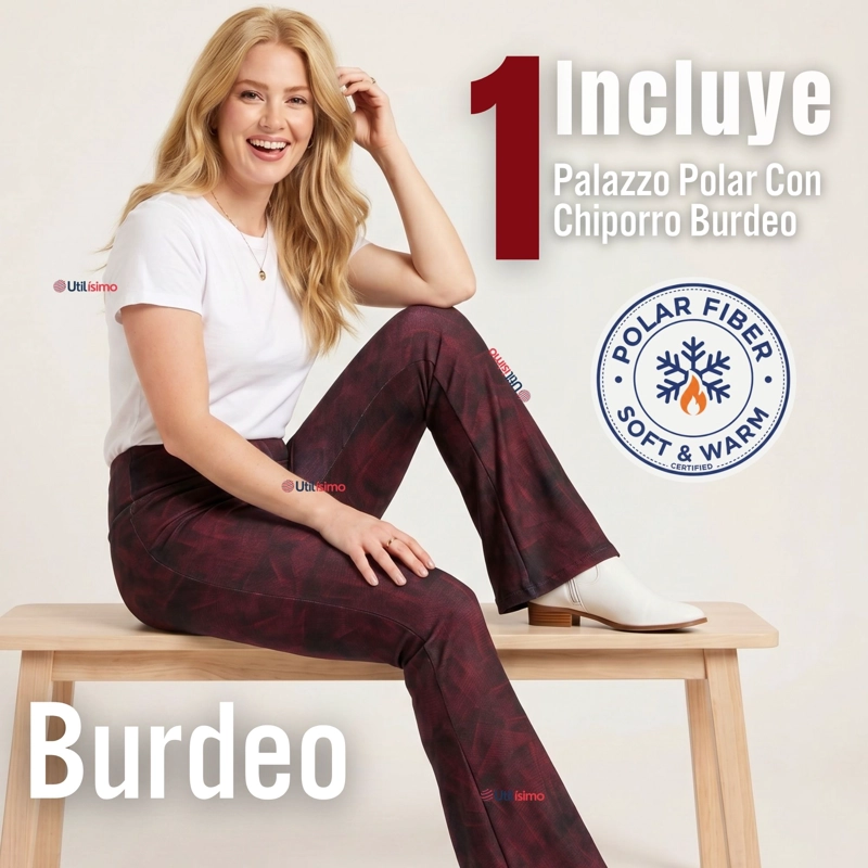 Pantalón Polar Con Chiporro Palazzo Mujer Calza Elasticada Térmica Burdeo - 2
