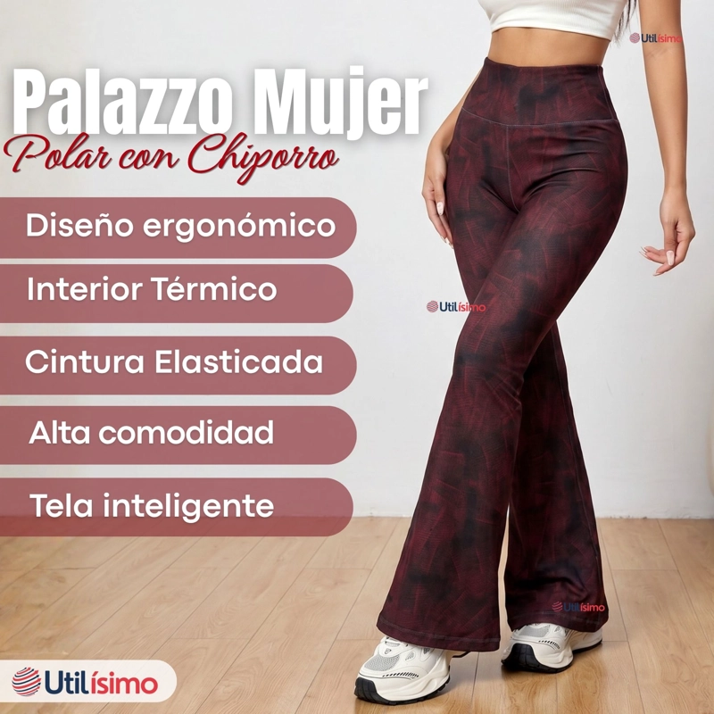 Pantalón Polar Con Chiporro Palazzo Mujer Calza Elasticada Térmica Burdeo - 4