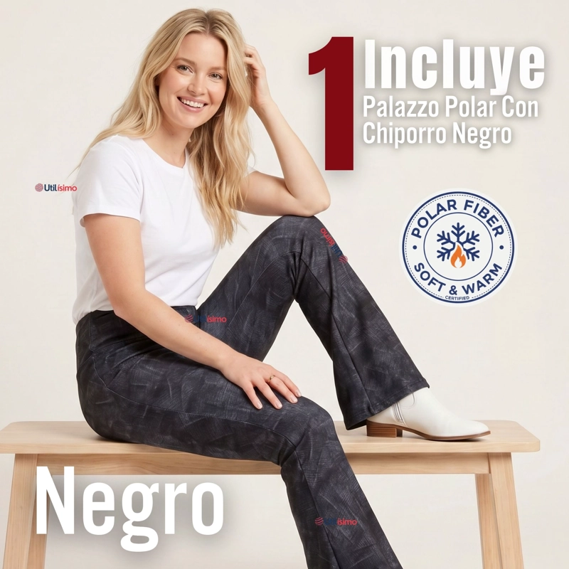 Pantalón Polar Con Chiporro Palazzo Mujer Calza Elasticada Térmica Negra - 2