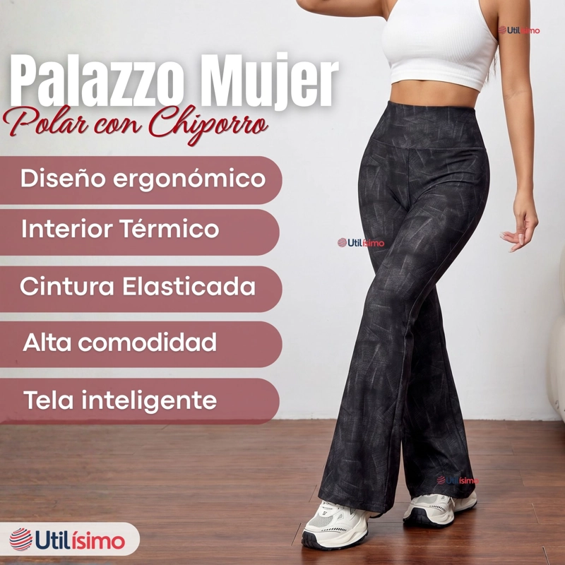 Pantalón Polar Con Chiporro Palazzo Mujer Calza Elasticada Térmica Negra - 3