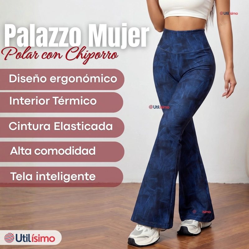 Pantalón Polar Con Chiporro Palazzo Mujer Calza Elasticada Térmica Azul - 3
