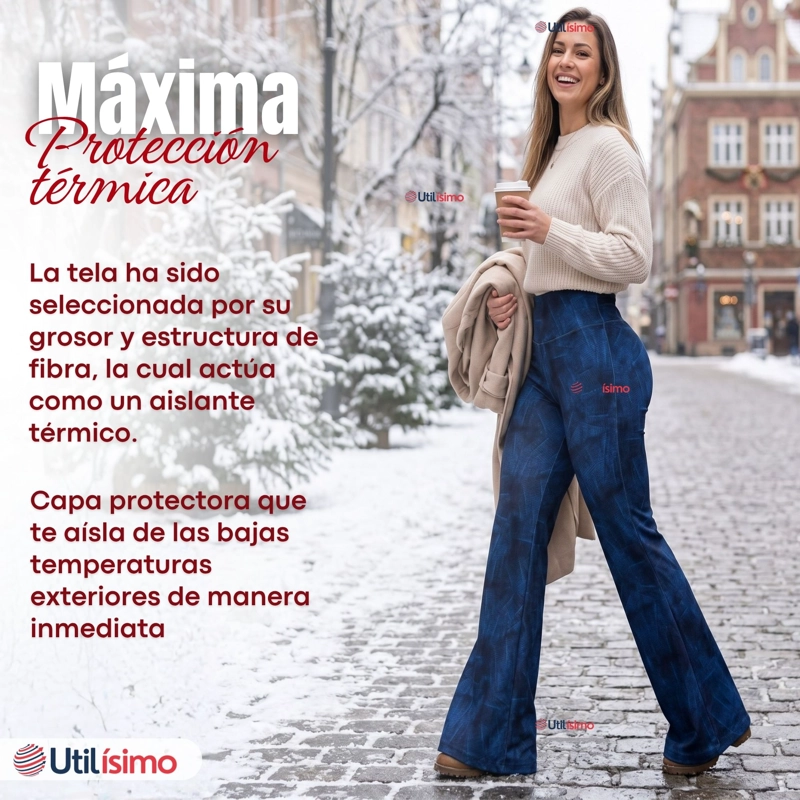 Pantalón Polar Con Chiporro Palazzo Mujer Calza Elasticada Térmica Azul - 9