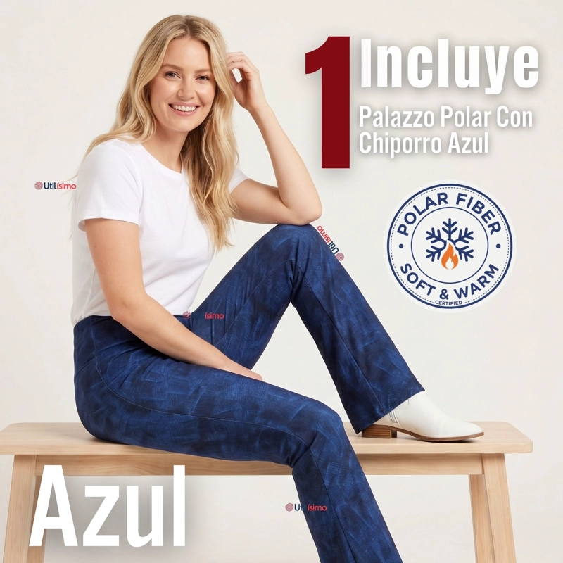 Pantalón Polar Con Chiporro Palazzo Mujer Calza Elasticada Térmica Azul - 2