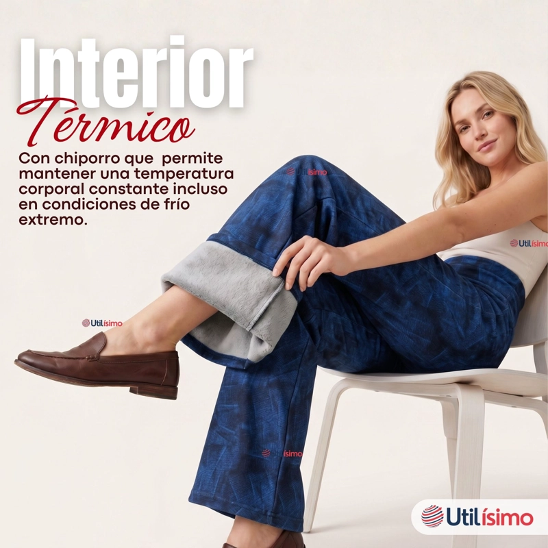 Pantalón Polar Con Chiporro Palazzo Mujer Calza Elasticada Térmica Azul - 5