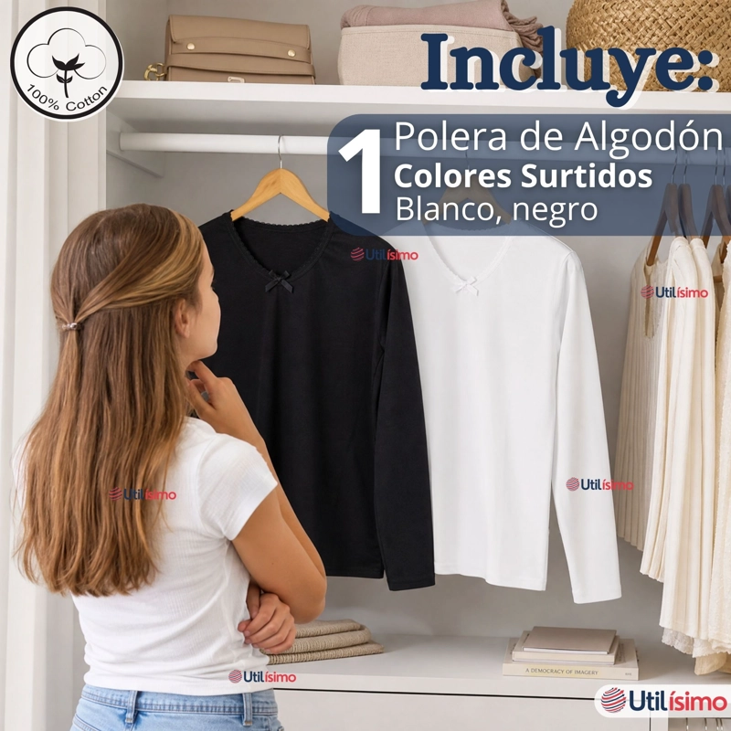 CAMISETA POLERA ALGODON BASICA CUELLO REDONDO PRIMERA CAPA MANGA LARGA COLORES SURTIDOS NEGRO BLANCO - 2