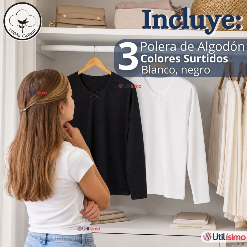 PACK 3 CAMISETAS POLERAS ALGODON BASICA CUELLO REDONDO PRIMERA CAPA MANGA LARGA COLORES SURTIDOS NEG - 2