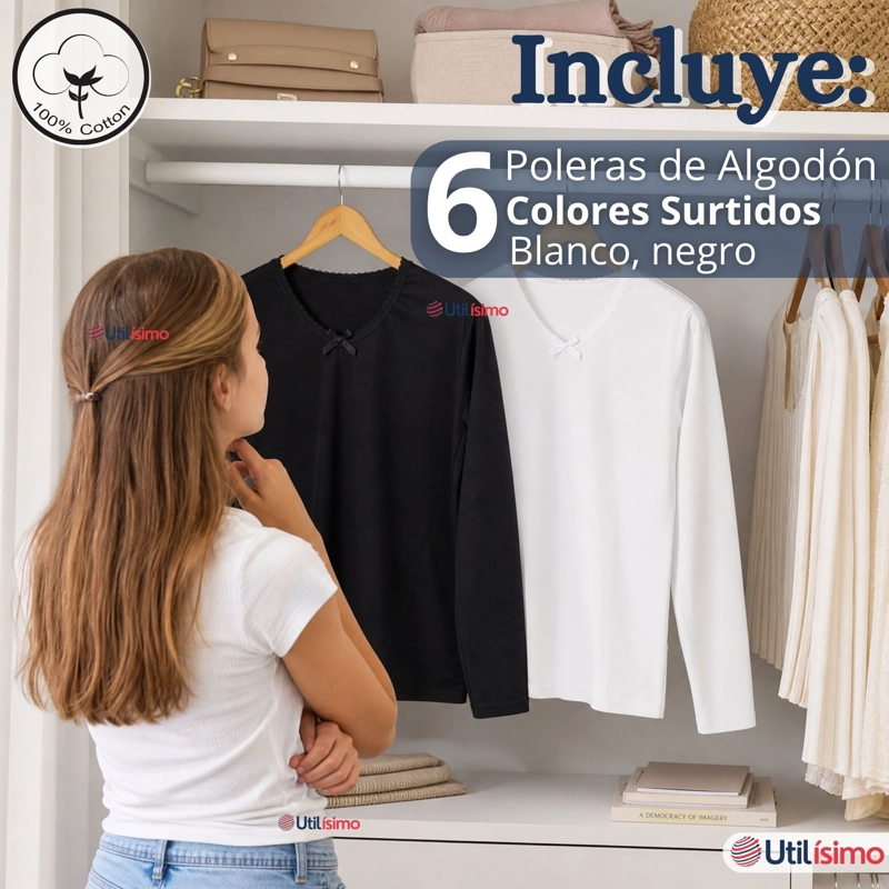 PACK 6 CAMISETAS POLERAS ALGODON BASICA CUELLO REDONDO PRIMERA CAPA MANGA LARGA COLORES SURTIDOS NEG - 2