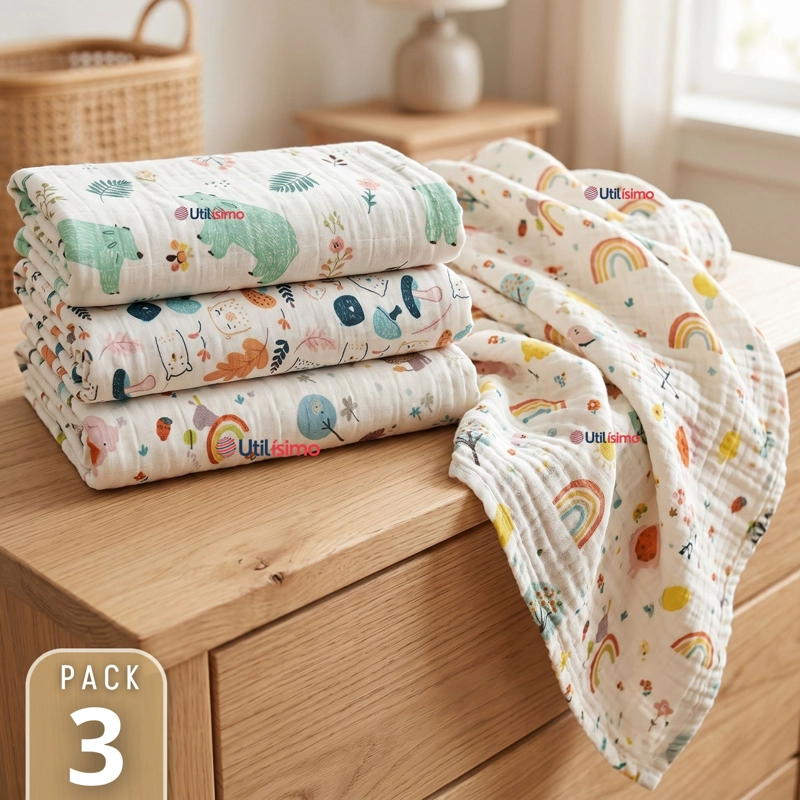 PACK 3 MANTAS MUSELINA 70X 70 CM BEBE  NIÑO MULTIUSO 100% ALGODON COLORES SURTIDOS - 1