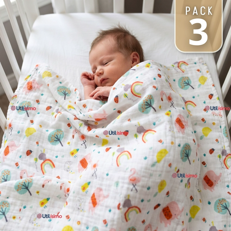PACK 3 MANTAS MUSELINA 70X 70 CM BEBE  NIÑO MULTIUSO 100% ALGODON COLORES SURTIDOS - 1