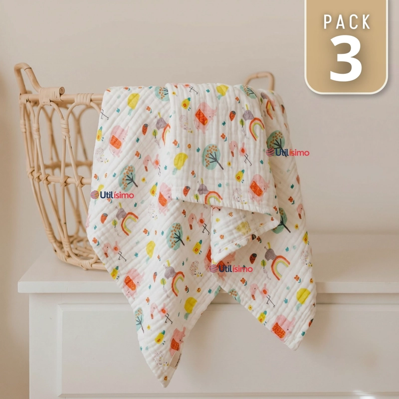 PACK 3 MANTAS MUSELINA 70X 70 CM BEBE  NIÑO MULTIUSO 100% ALGODON COLORES SURTIDOS - 1