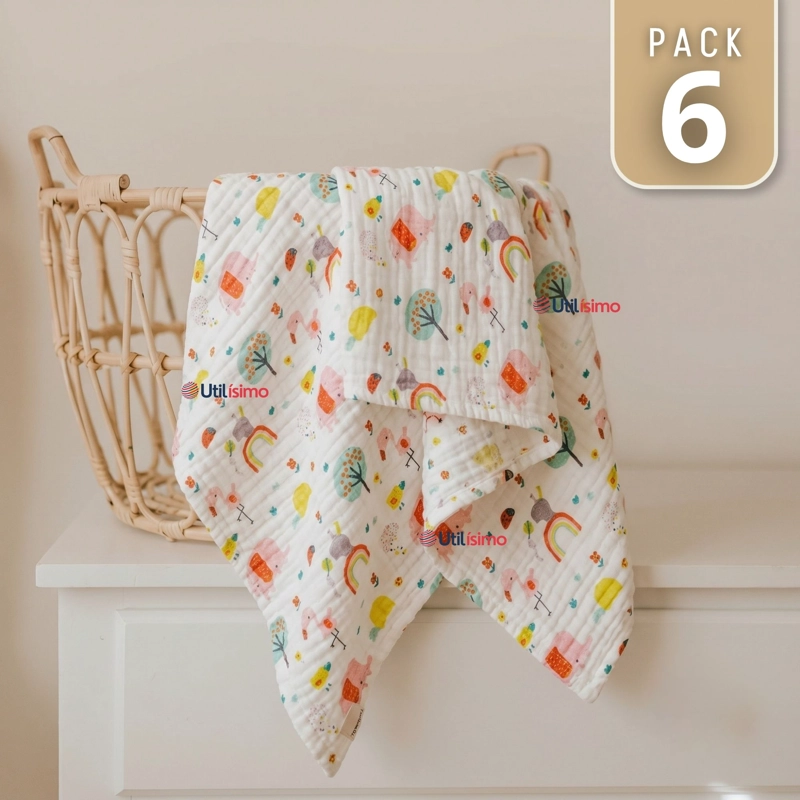 PACK 6 MANTAS MUSELINA 70X 70 CM BEBE  NIÑO MULTIUSO 100% ALGODON COLORES SURTIDOS - 1