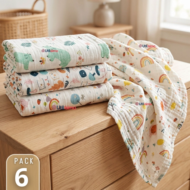 PACK 6 MANTAS MUSELINA 70X 70 CM BEBE  NIÑO MULTIUSO 100% ALGODON COLORES SURTIDOS - 1
