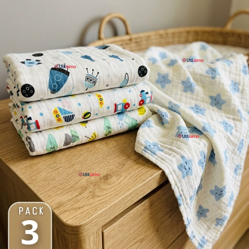 PACK 3 MANTAS MUSELINA 70X 70 CM BEBE  NIÑO MULTIUSO 100% ALGODON COLORES SURTIDOS - 1