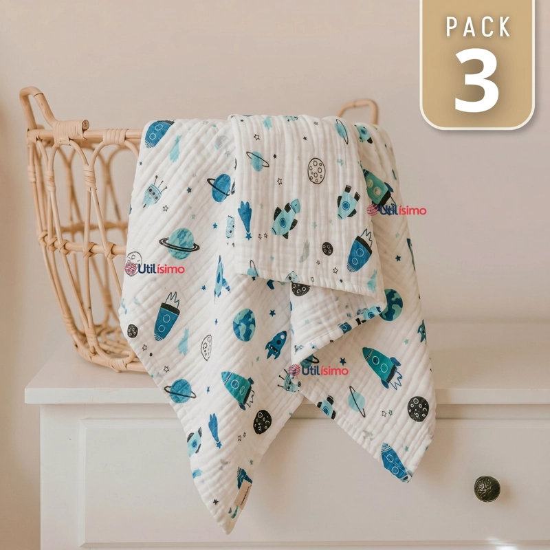 PACK 3 MANTAS MUSELINA 70X 70 CM BEBE  NIÑO MULTIUSO 100% ALGODON COLORES SURTIDOS - 1