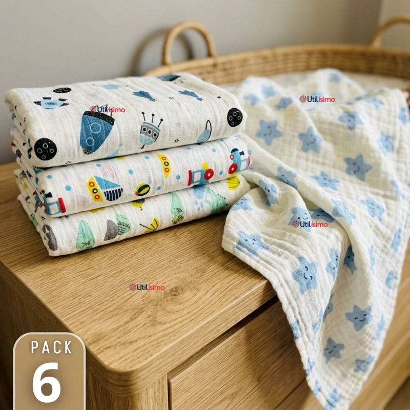 PACK 6 MANTAS MUSELINA 70X 70 CM BEBE  NIÑO MULTIUSO 100% ALGODON COLORES SURTIDOS - 1