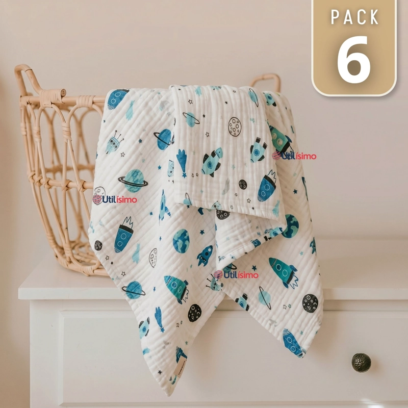 PACK 6 MANTAS MUSELINA 70X 70 CM BEBE  NIÑO MULTIUSO 100% ALGODON COLORES SURTIDOS - 1