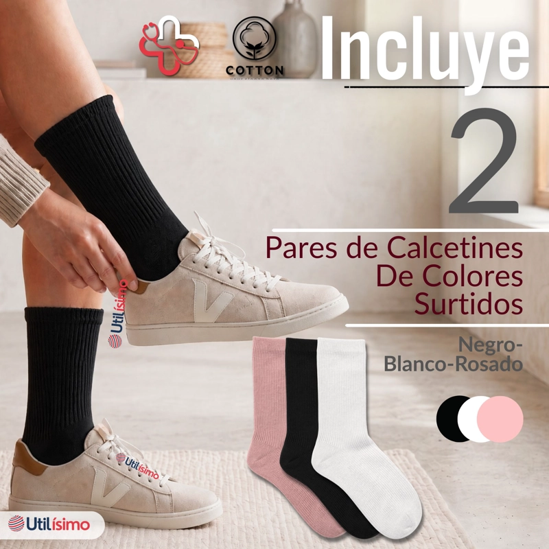 PACK 2 PARES CALCETINES DIABETICOS MUJER ALGODON SUAVE COLORES SURTIDOS PROTECCION - 2