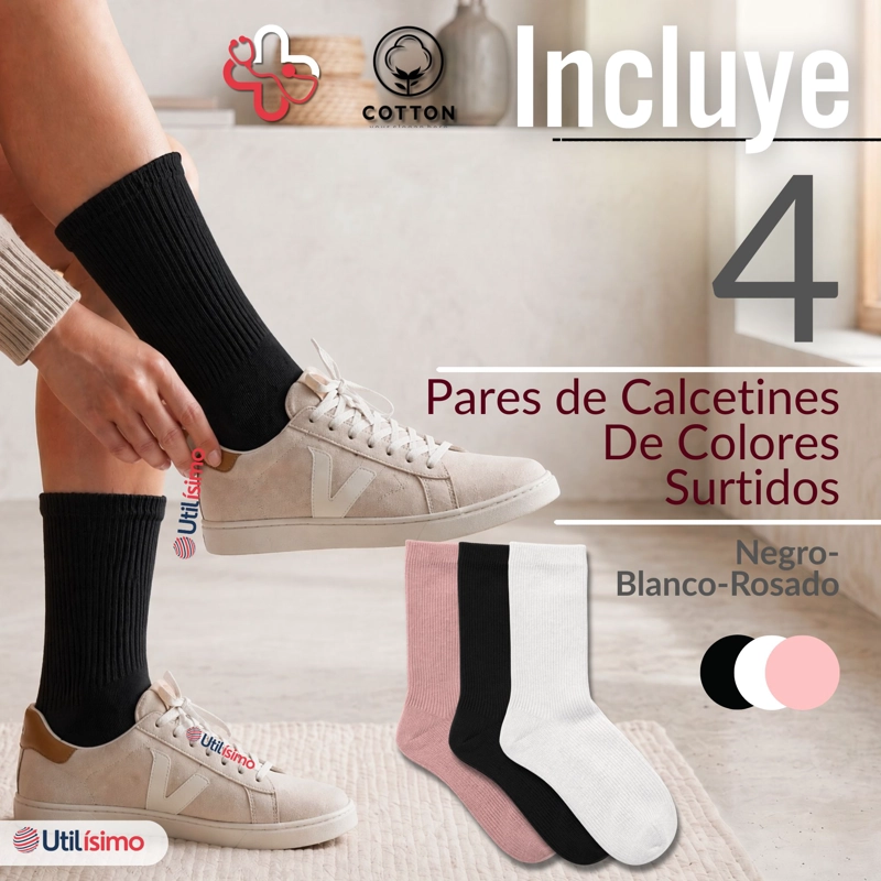PACK 4 PARES CALCETINES DIABETICOS MUJER ALGODON SUAVE COLORES SURTIDOS PROTECCION - 2