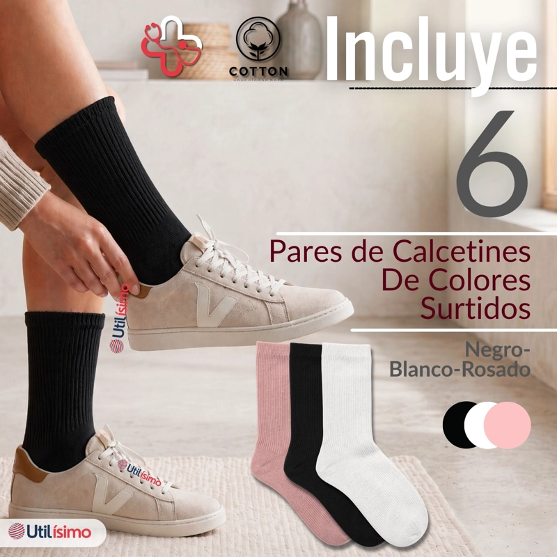 PACK 6 PARES CALCETINES DIABETICOS MUJER ALGODON SUAVE COLORES SURTIDOS PROTECCION - 2