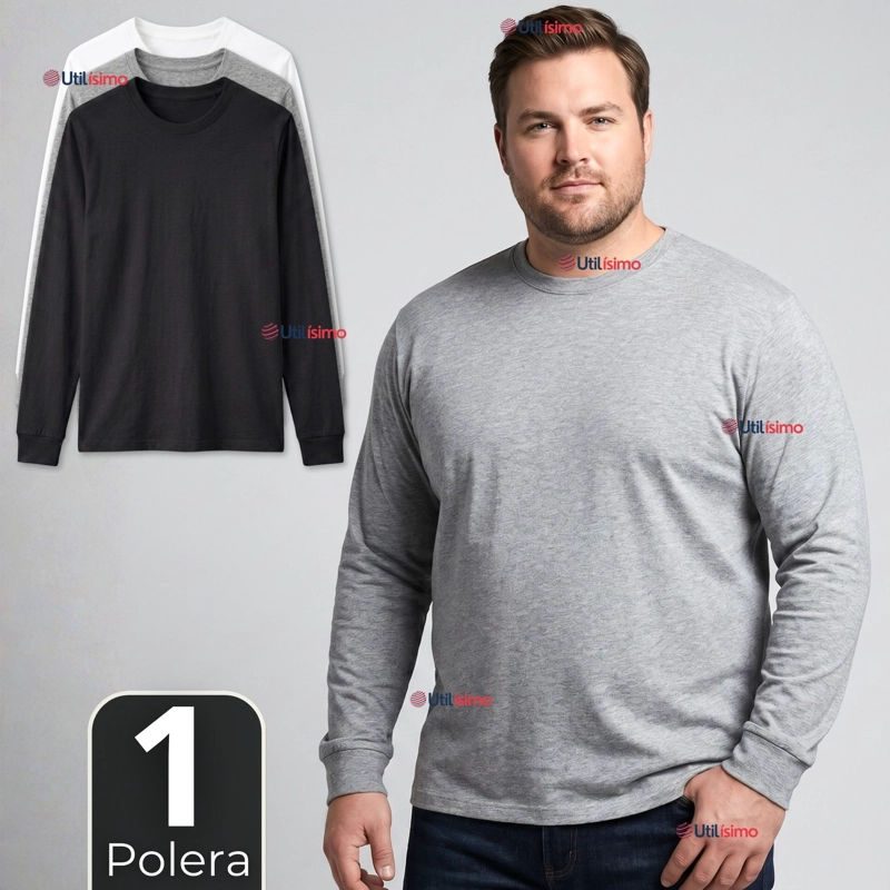 CAMISETA POLERA ALGODON MANGA LARGA CUELLO REDONDO PRIMERA CAPA HOMBRE - 1