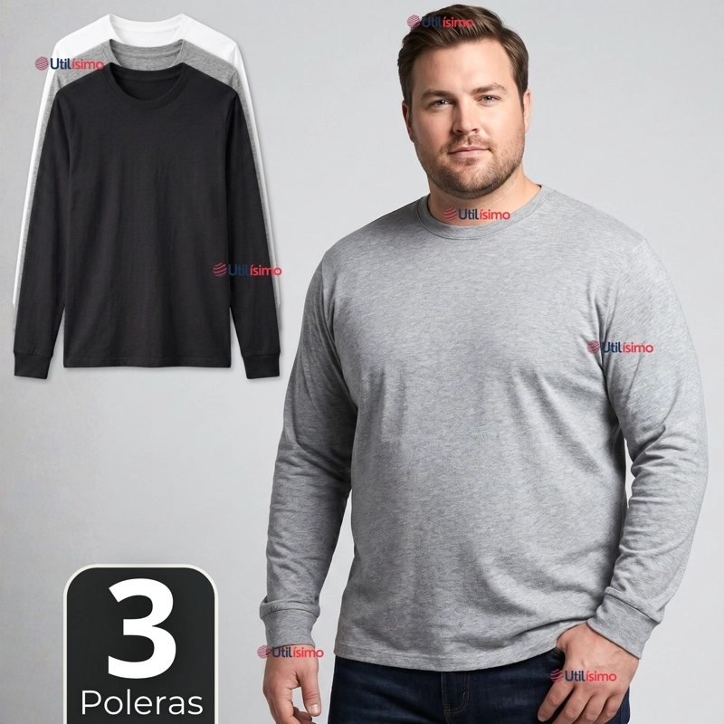 PACK 3 CAMISETAS POLERAS ALGODON MANGA LARGA CUELLO REDONDO PRIMERA CAPA HOMBRE - 1