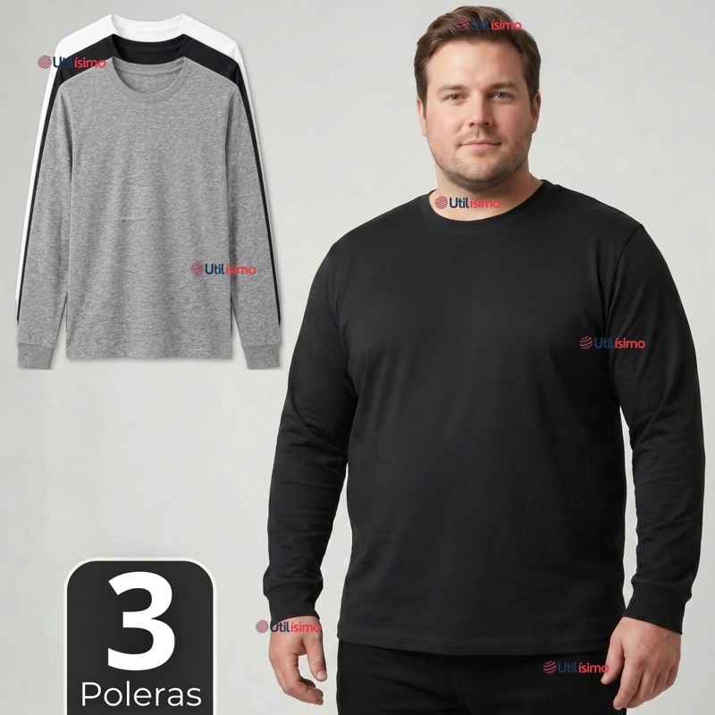 PACK 3 CAMISETAS POLERAS ALGODON MANGA LARGA CUELLO REDONDO PRIMERA CAPA HOMBRE - 1