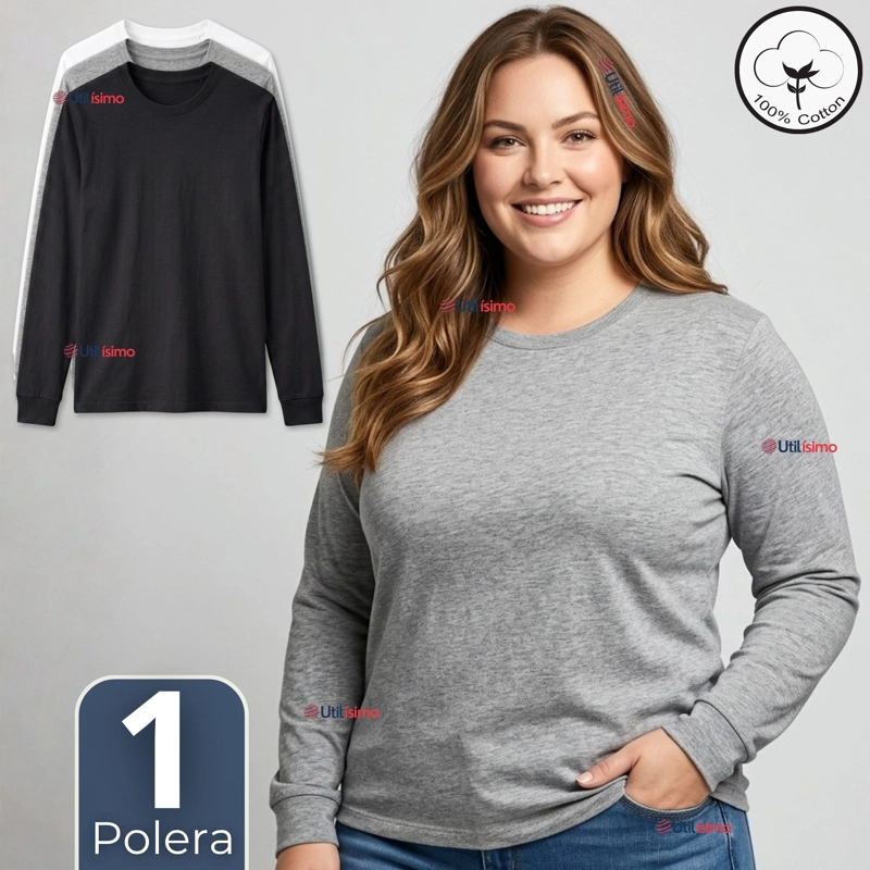 CAMISETA POLERA ALGODON MANGA LARGA CUELLO REDONDO PRIMERA CAPA MUJER - 1