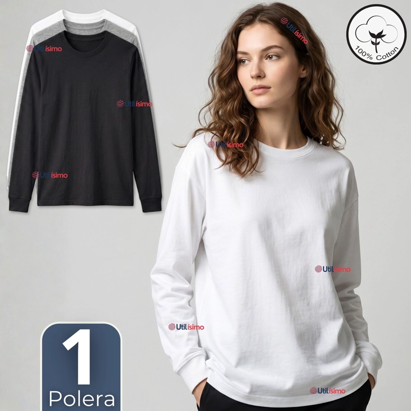 CAMISETA POLERA ALGODON MANGA LARGA CUELLO REDONDO PRIMERA CAPA MUJER - 1