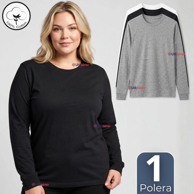 CAMISETA POLERA ALGODON MANGA LARGA CUELLO REDONDO PRIMERA CAPA MUJER - 1