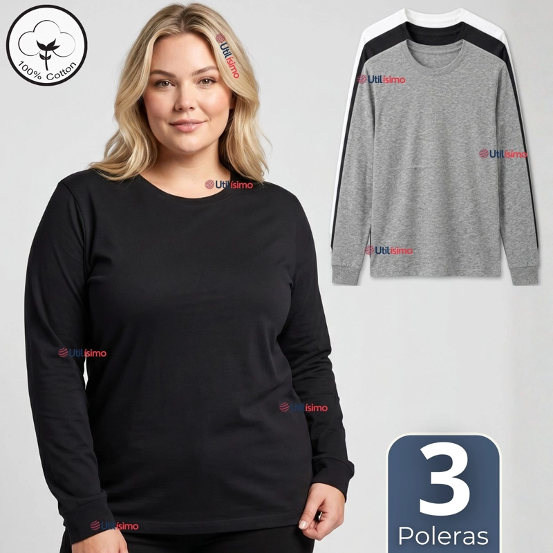 PACK 3 CAMISETAS POLERAS ALGODON BASICO OVERSIZE MANGA LARGA PRIMERA CAPA MUJER - 1