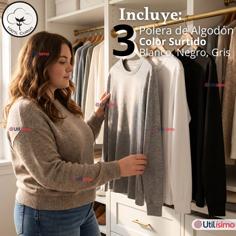 PACK 3 CAMISETAS POLERAS ALGODON BASICO OVERSIZE MANGA LARGA PRIMERA CAPA MUJER - 2