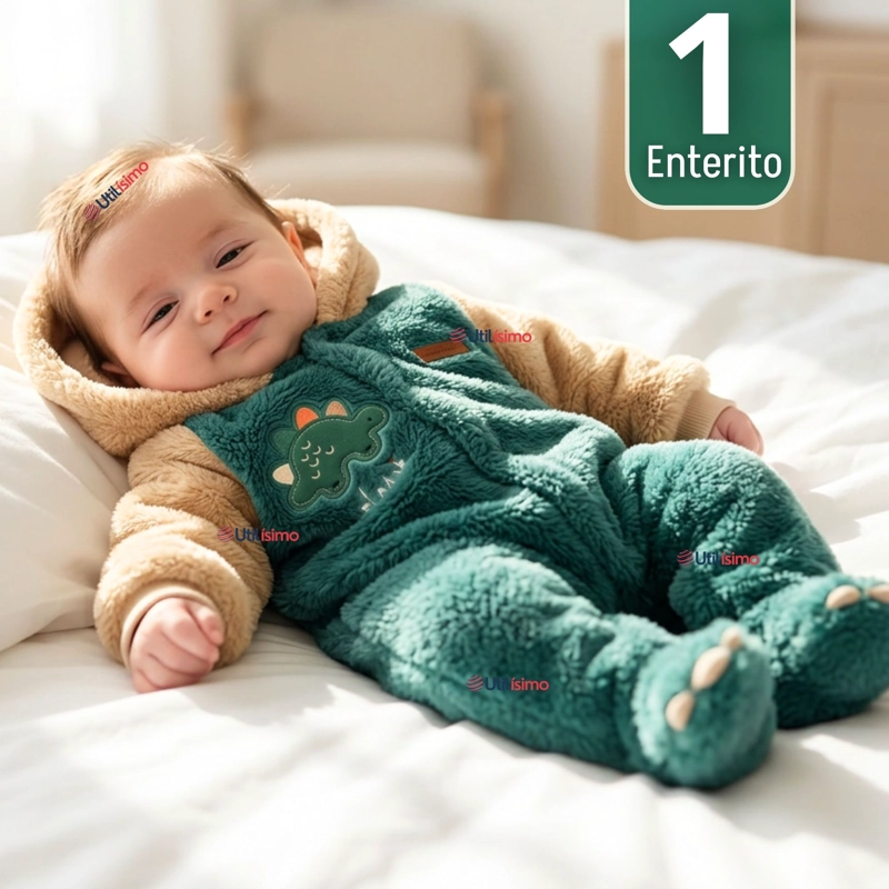 ENTERITO CON CAPUCHA TELA PLUSH VERDE DINOSAURIO BEBE NIÑO - 1