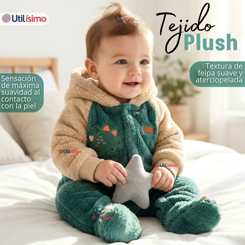 ENTERITO CON CAPUCHA TELA PLUSH VERDE DINOSAURIO BEBE NIÑO - 4