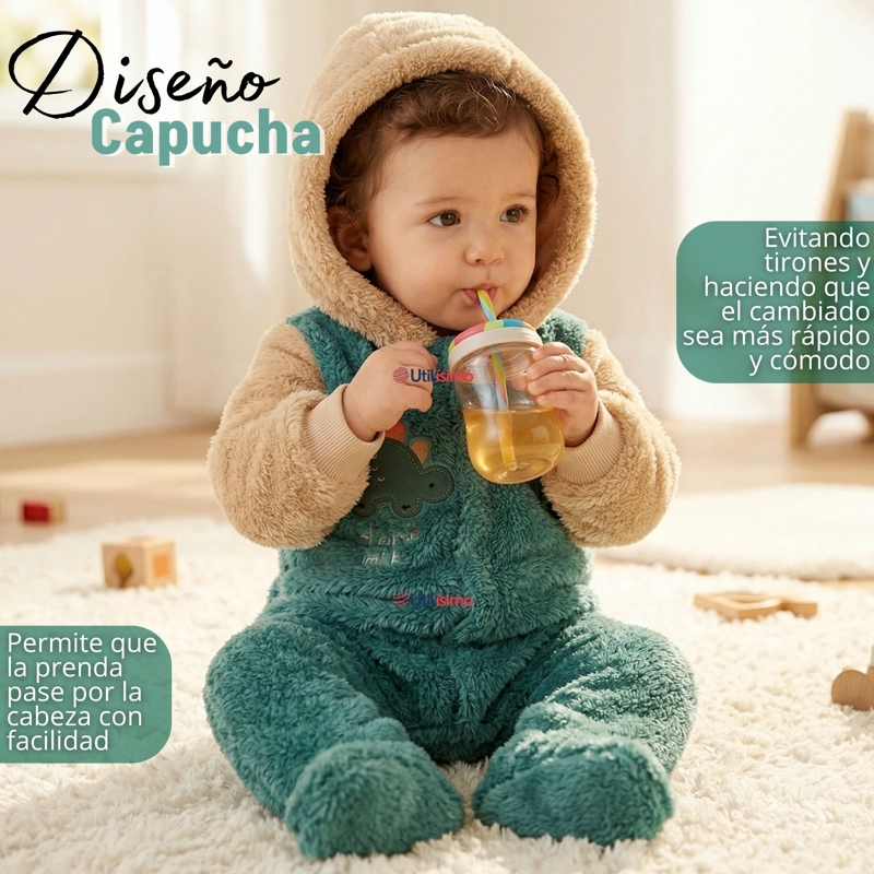 ENTERITO CON CAPUCHA TELA PLUSH VERDE DINOSAURIO BEBE NIÑO - 7