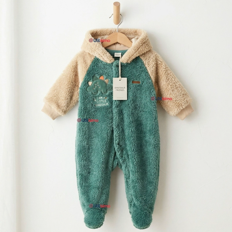 ENTERITO CON CAPUCHA TELA PLUSH VERDE DINOSAURIO BEBE NIÑO - 1
