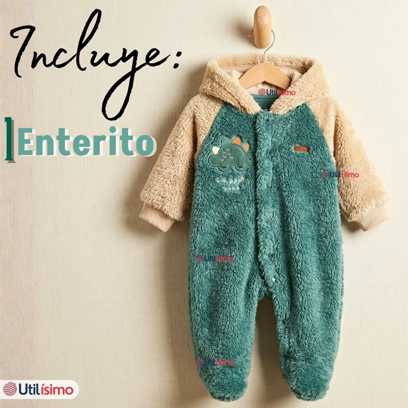 ENTERITO CON CAPUCHA TELA PLUSH VERDE DINOSAURIO BEBE NIÑO - 2