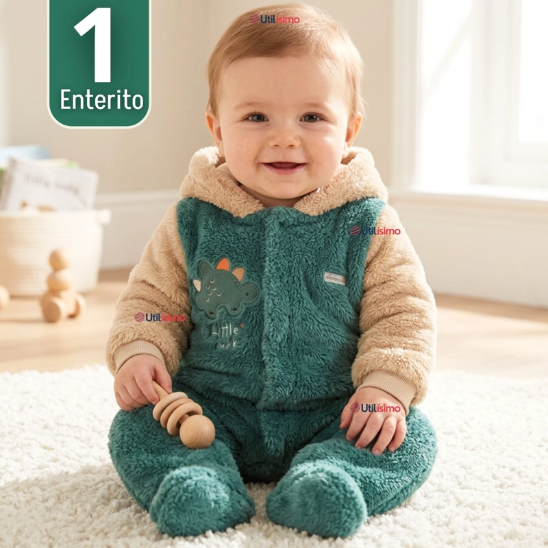ENTERITO CON CAPUCHA TELA PLUSH VERDE DINOSAURIO BEBE NIÑO - 1