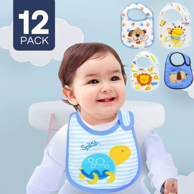 PACK 12 BABEROS IMPERMEABLES REGULABLES PARA BEBES JUMP KIDS NIÑO - 1
