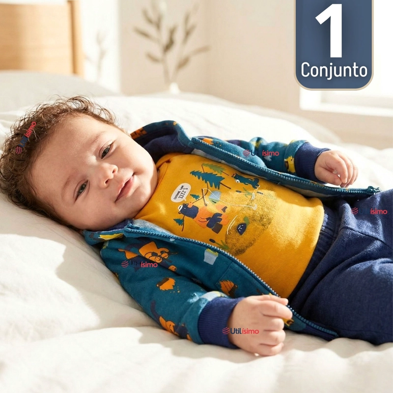 CONJUNTO 3 PIEZAS BUZO PANTALON POLERON BODY DE ALGODON AMARILLO OSOS BEBE NIÑO - 1