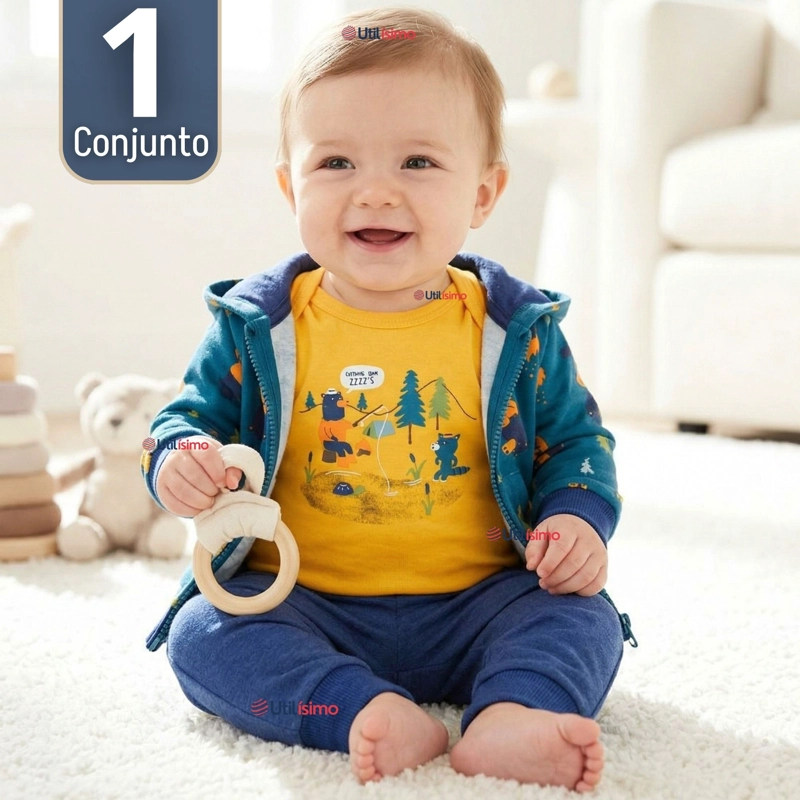 CONJUNTO 3 PIEZAS BUZO PANTALON POLERON BODY DE ALGODON AMARILLO OSOS BEBE NIÑO - 1