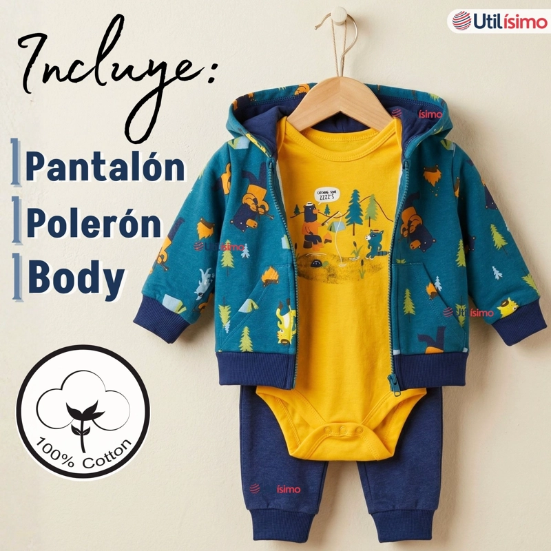 CONJUNTO 3 PIEZAS BUZO PANTALON POLERON BODY DE ALGODON AMARILLO OSOS BEBE NIÑO - 2