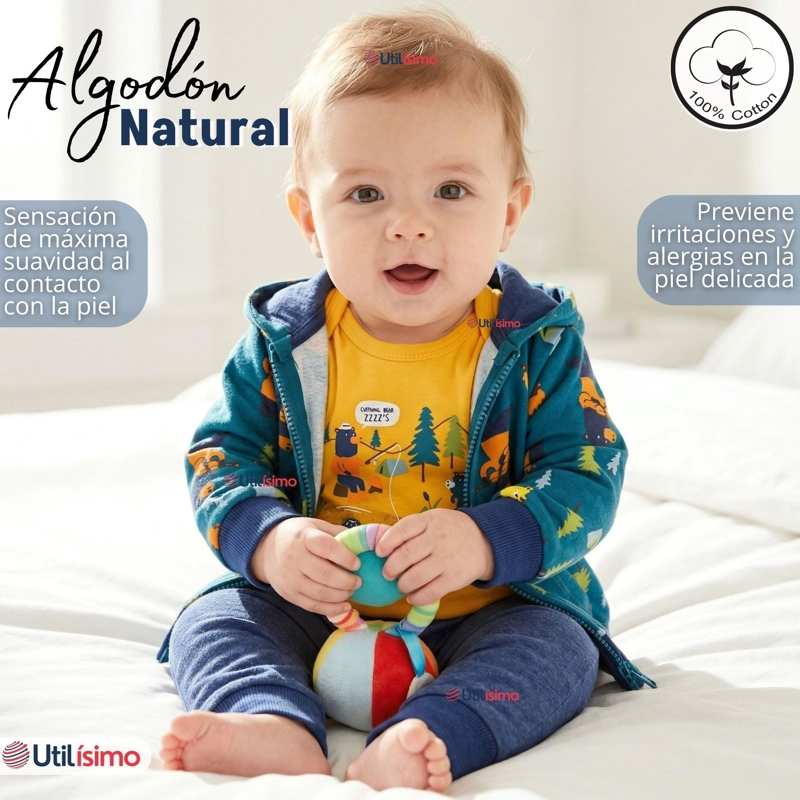 CONJUNTO 3 PIEZAS BUZO PANTALON POLERON BODY DE ALGODON AMARILLO OSOS BEBE NIÑO - 4