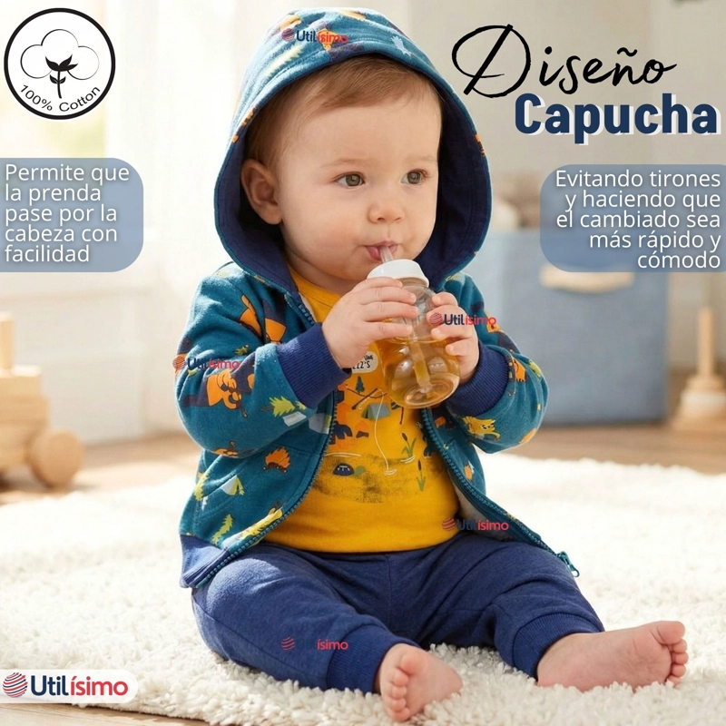 CONJUNTO 3 PIEZAS BUZO PANTALON POLERON BODY DE ALGODON AMARILLO OSOS BEBE NIÑO - 6