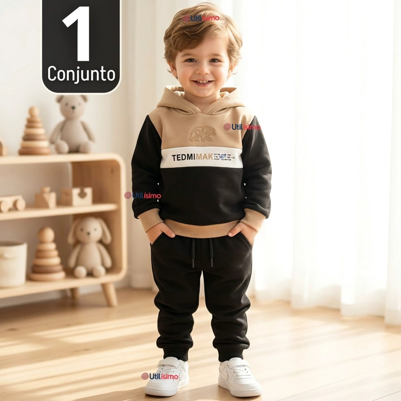 CONJUNTO 2 PIEZAS BUZO PANTALON Y POLERON CON CAPUCHA NEGRO NIÑO - 1