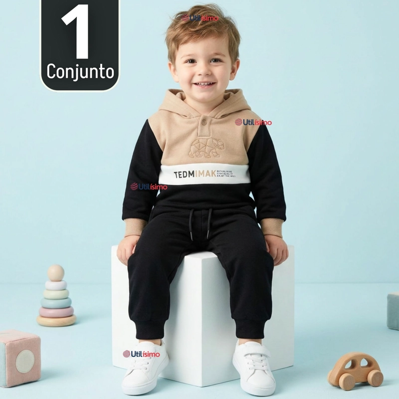 CONJUNTO 2 PIEZAS BUZO PANTALON Y POLERON CON CAPUCHA NEGRO NIÑO - 1